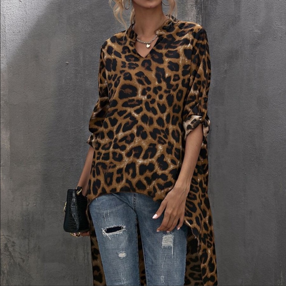 Camel Leopard Animal Print High Low Tunic Top S M L XL